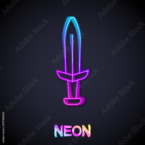 Glowing neon line Medieval sword icon isolated on black background. Medieval weapon. Vector