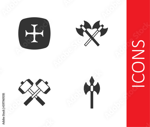 Set Medieval axe, Crusade, Crossed battle hammers and medieval axes icon. Vector