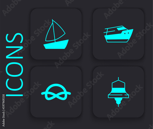 Set Ship bell, Yacht sailboat, Speedboat and Nautical rope knots icon. Black square button. Vector