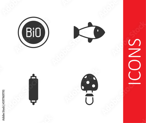 Set Fly agaric mushroom, Banner for bio, Rolling pin and Fish icon. Vector