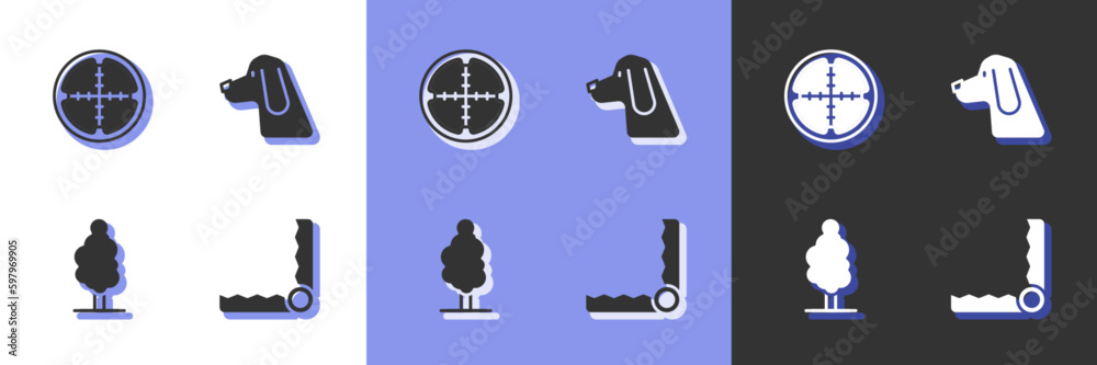 Set Trap hunting, Sniper optical sight, Tree and Hunting dog icon. Vector Set Trap hunting, Sniper optical sight, Tree and Hunting dog icon. Vector