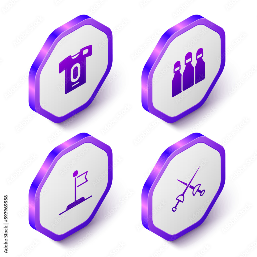 Set Isometric Football jersey and t-shirt, Bowling pin, Flag and Fencing icon. Purple hexagon button. Vector Set Isometric Football jersey and t-shirt, Bowling pin, Flag and Fencing icon. Purple hexagon button. Vector