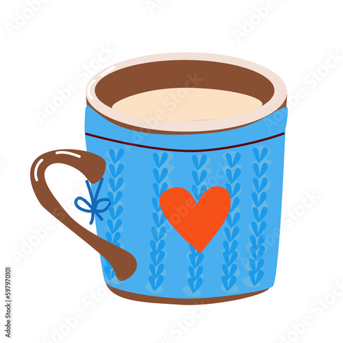 mug with knitted cover in cartoon style