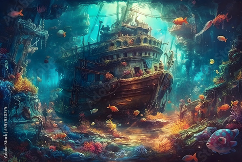 A mystical underwater realm with vibrant sea creatures and a mysterious shipwreck in the distance. Created with generative AI. photo