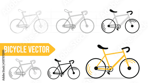 Plan et conception d'un vélo jaune, illustration vectorielle