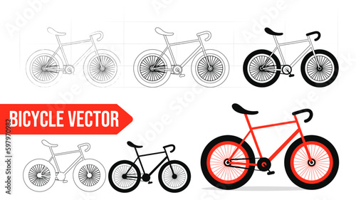 Vélo rouge et son plan technique, illustrationsvectorielle