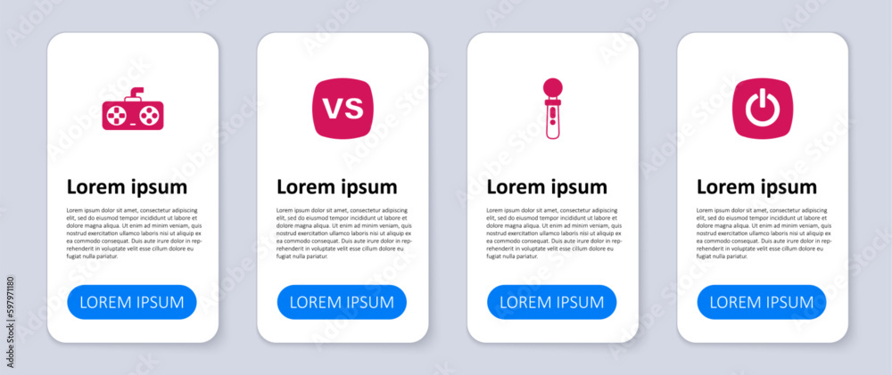 Set Power button, VR controller game, VS Versus battle and Game or joystick. Business infographic template. Vector