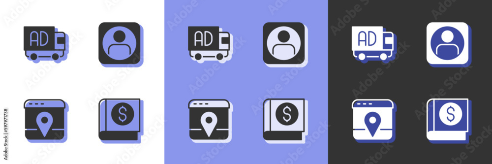 Set Financial book, Advertising on truck, Infographic of city map and Create account screen icon. Vector Set Financial book, Advertising on truck, Infographic of city map and Create account screen icon. Vector