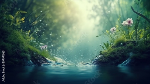 Picturesque summer fantasy forest landscape with fresh clear blue water stream background with copy space in the middle. AI generative image.