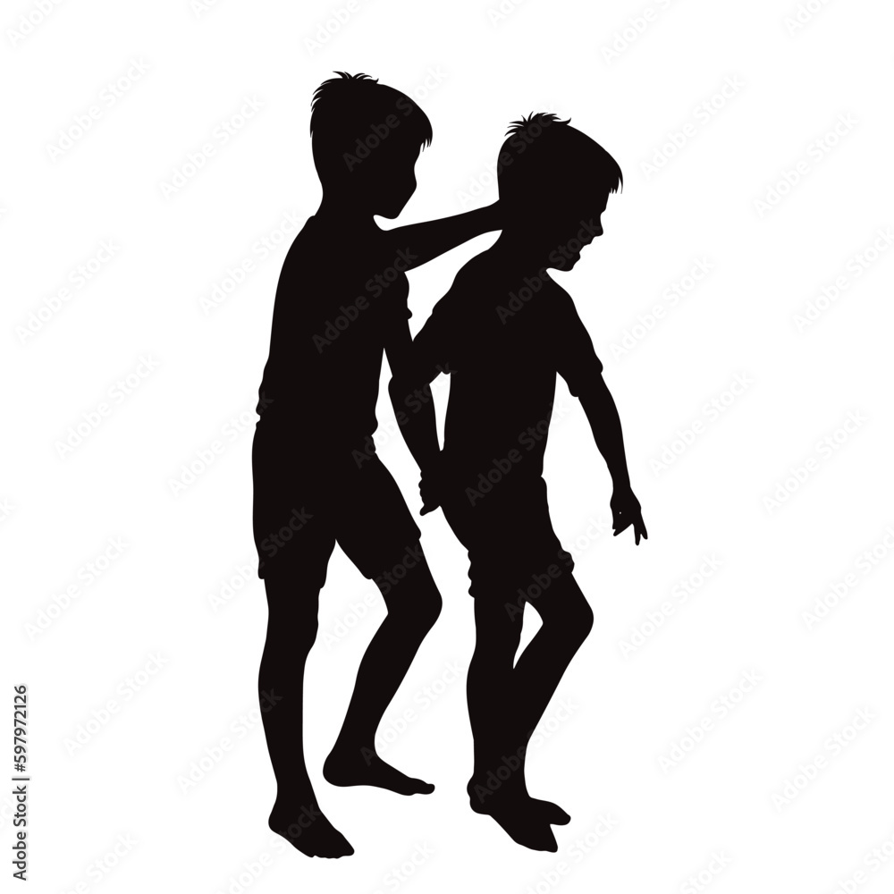 Vector silhouette of bullying children on white background.