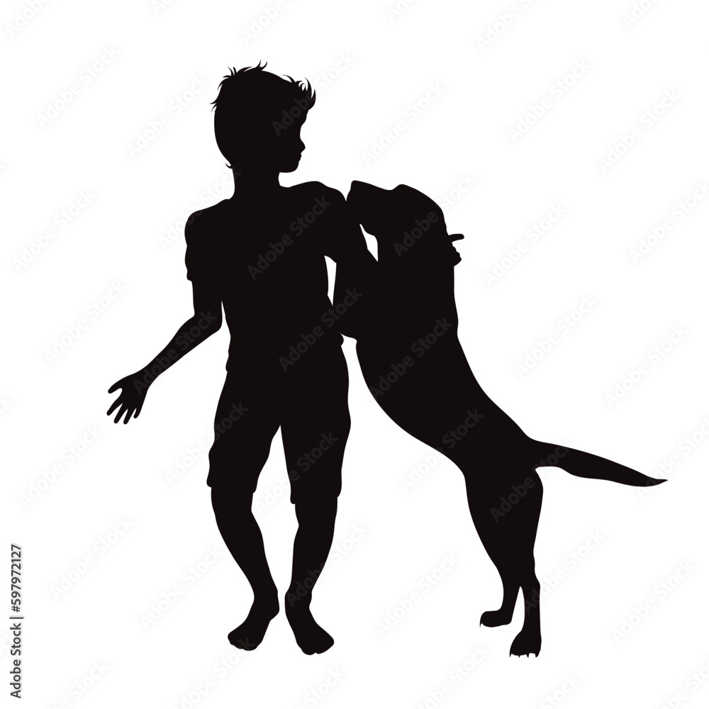 Vector silhouette of boy with his happy dog on white background.