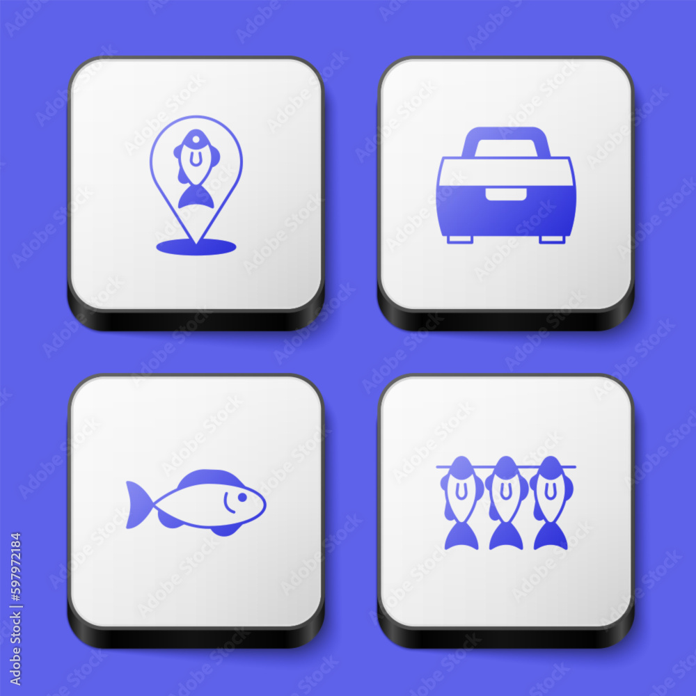 Set Location fishing, Case or box for equipment, Fish and Dried icon. White square button. Vector