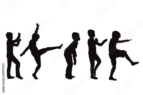 Vector silhouette of set of boys in different positions on white background.