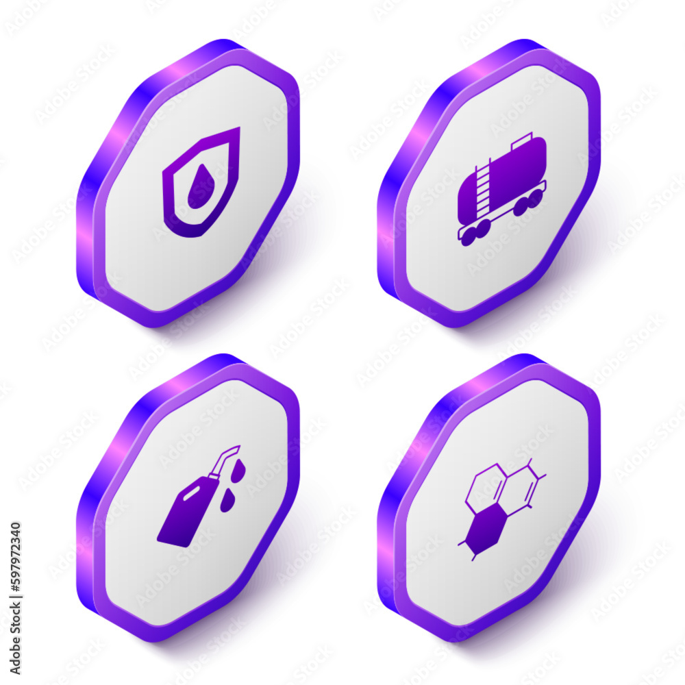 Set Isometric Oil drop on shield, railway cistern, Canister for motor machine oil and Molecule icon. Purple hexagon button. Vector Set Isometric Oil drop on shield, railway cistern, Canister for motor machine oil and Molecule icon. Purple hexagon button. Vector
