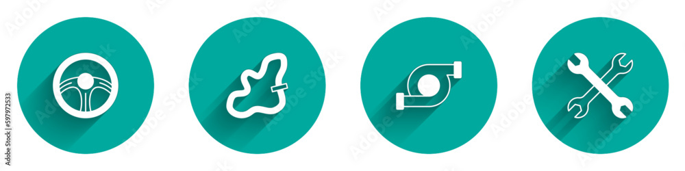 Set Racing steering wheel, track, Automotive turbocharger and Wrench spanner icon with long shadow. Vector Set Racing steering wheel, track, Automotive turbocharger and Wrench spanner icon with long shadow. Vector