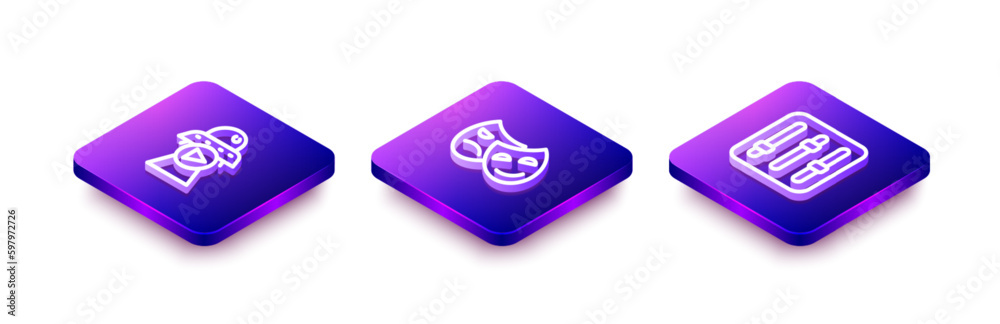 Set Isometric line Science fiction, Comedy and tragedy masks and Sound mixer controller icon. Vector Set Isometric line Science fiction, Comedy and tragedy masks and Sound mixer controller icon. Vector
