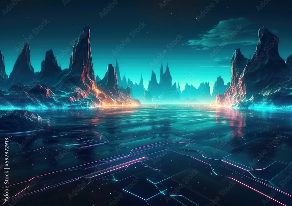Neon wireframe terrain in 3D design. Abstract virtual reality purple background, cyberspace panoramic landscape with unreal mountains. Additional wallpaper for virtual games. AI generated illustration