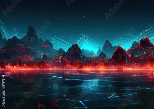 Neon wireframe terrain in 3D design. Abstract virtual reality purple background  cyberspace panoramic landscape with unreal mountains. Additional wallpaper for virtual games. AI generated illustration