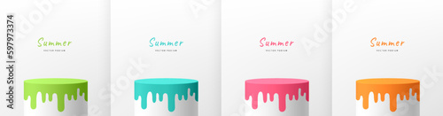 Set of 3D summer background with realistic white cylinder podium in green, blue, pink and orange melting. Minimal wall scene mockup product display. Stage showcase. Abstract vector geometric platforms