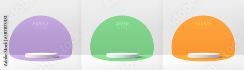 Set of white realistic 3d cylinder pedestal podium with pastel purple, green and orange in semi circle backdrop. Abstract vector 3D rendering geometric platforms. Product display, Minimal wall scene.