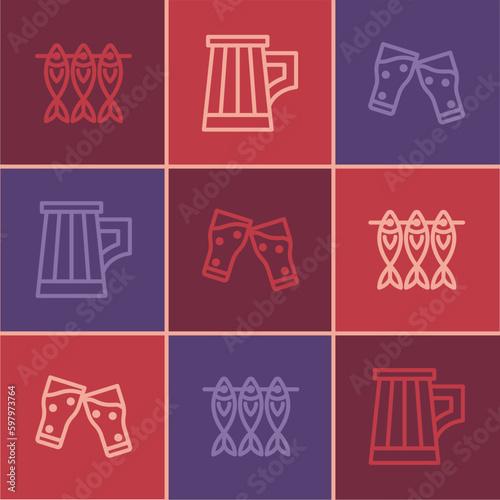 Set line Dried fish, Glass of beer and Wooden mug icon. Vector
