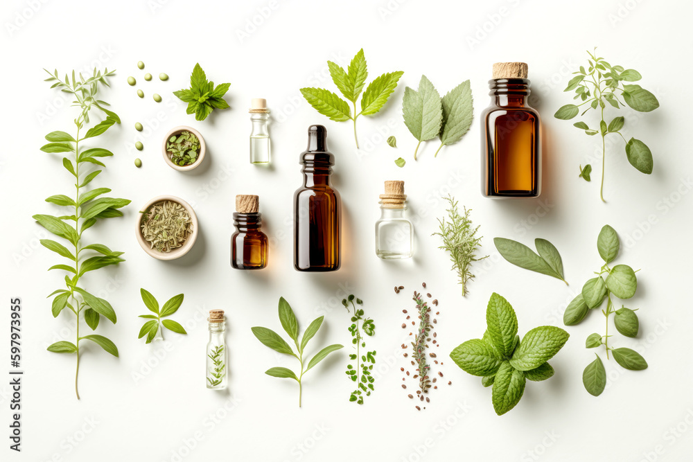 Fotografie Herb essential oil aroma bootle and leaf , Generative Ai