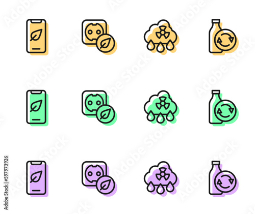 Set line Acid rain radioactive cloud, Mobile phone with leaf, Electrical outlet and Recycling plastic bottle icon. Vector