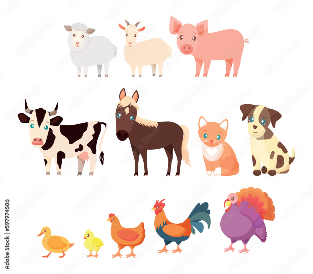 Farm animals set in cartoon style isolated on white background. Vector illustration. Cute animals collection: sheep, goat, pig, cow, horse, cat, dog, duck, chick, chicken, rooster, turkey.