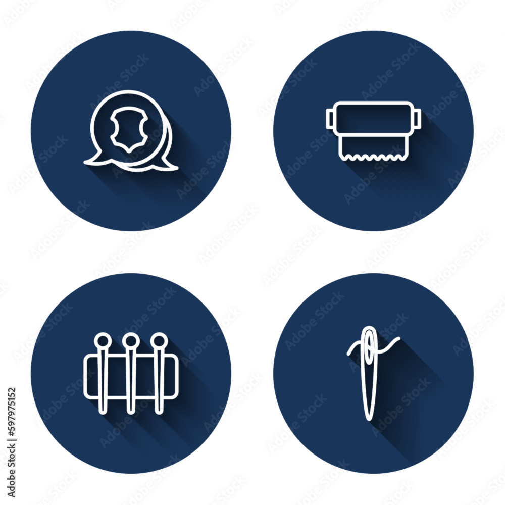 Set line Leather, Textile fabric roll, Needle for sewing and with thread with long shadow. Blue circle button. Vector Set line Leather, Textile fabric roll, Needle for sewing and with thread with long shadow. Blue circle button. Vector