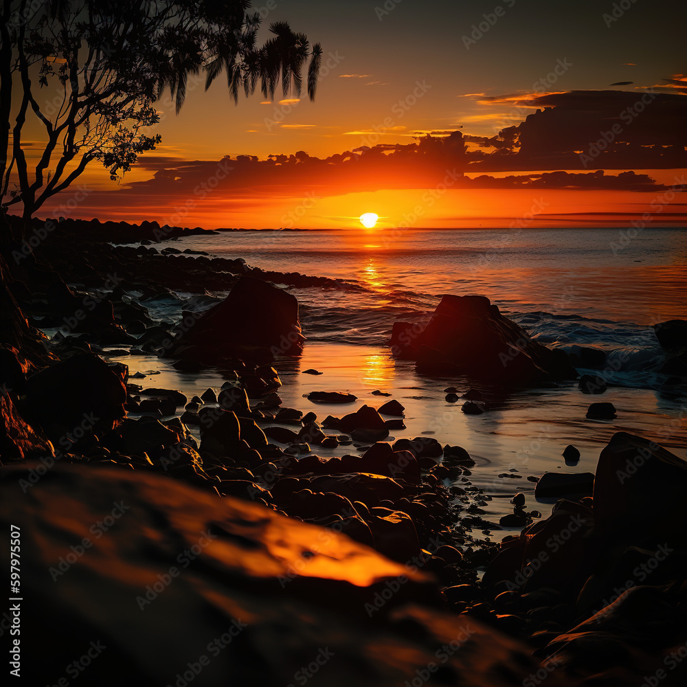 Fotografie Sunset on the stone beach, ai art