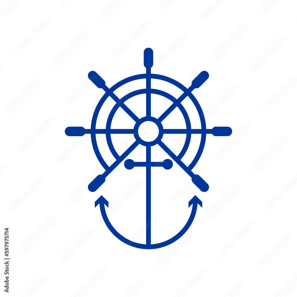 Logo nautical. Silueta lineal de timón y ancla de barco 