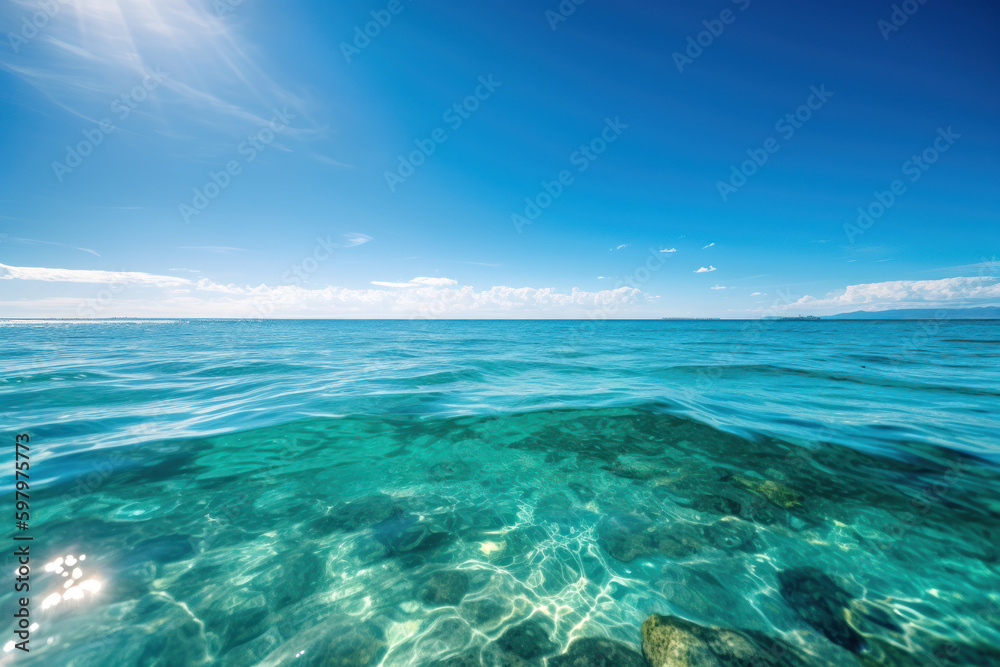 Clear ocean and bright blue sky, Generative AI