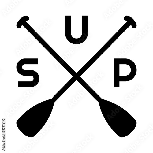 Logo club de paddle surf. Silueta de remos cruzados con letras palabra SUP