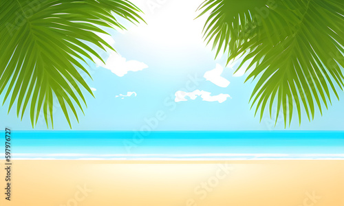 Cartoon summer beach. Paradise nature vacation, ocean or sea seashore. Seaside landscape, tropical beach relax or seaside landscape. © hashintha