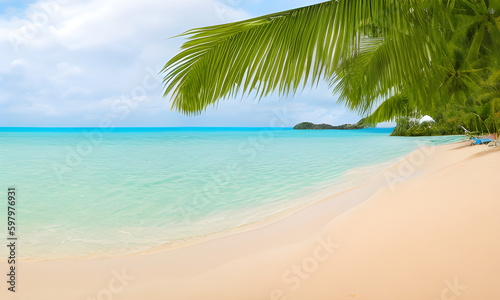 Cartoon summer beach. Paradise nature vacation, ocean or sea seashore. Seaside landscape, tropical beach relax or seaside landscape.