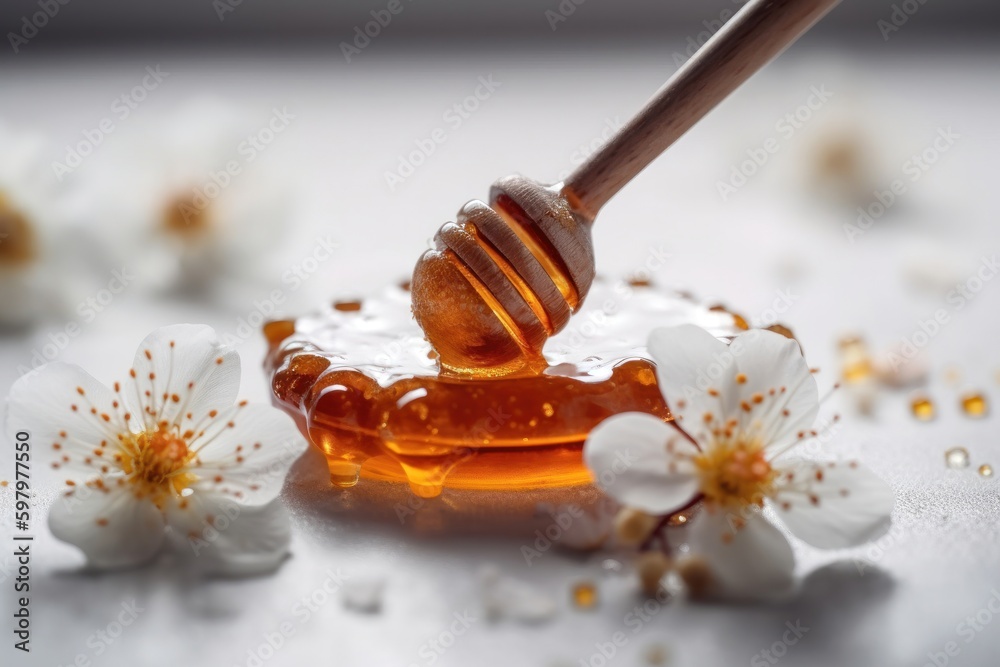 Φωτογραφία Sweet Shots: Capturing the Beauty of Manuka Honey with a Honey Dipper and Flower in Stunning Photography against a Light Background