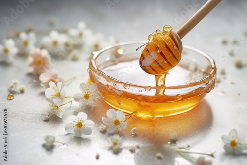Sweet Shots: Capturing the Beauty of Manuka Honey with a Honey Dipper and Flower in Stunning Photography against a Light Background. Generative Ai