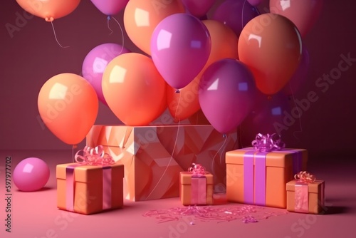 Celebrating Mom: Birthday Balloons and Gift Box in Light Orange and Magenta. Generative Ai