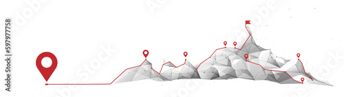 Low poly wireframe Mountain. Mountain climbing route to peak. Concept of success. Vector illustration