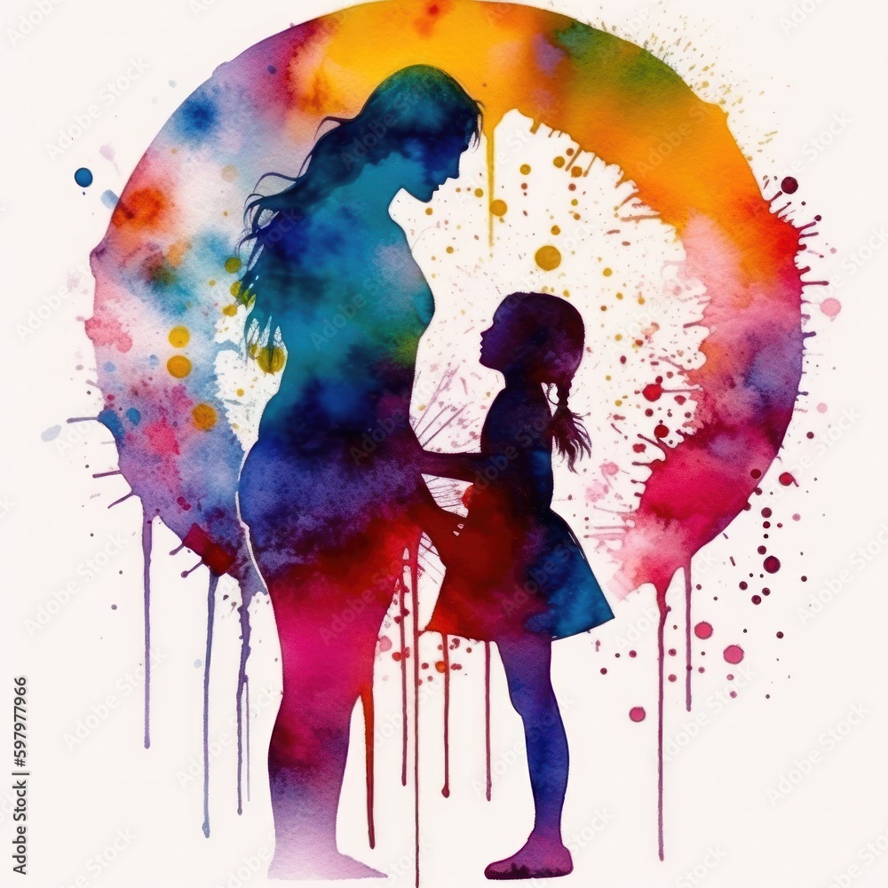 A Mother-Daughter Bond: A Beautiful Watercolor Art Piece Featuring Silhouettes of a Mom and Daughter in a Heart. Generative Ai