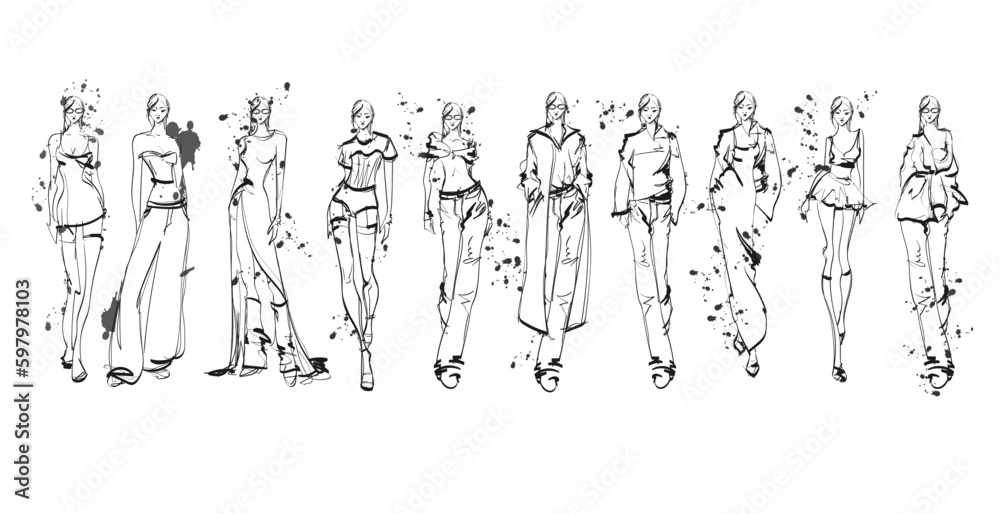 Set of Stylish fashion models. Pretty young girls. Fashion woman Sketch