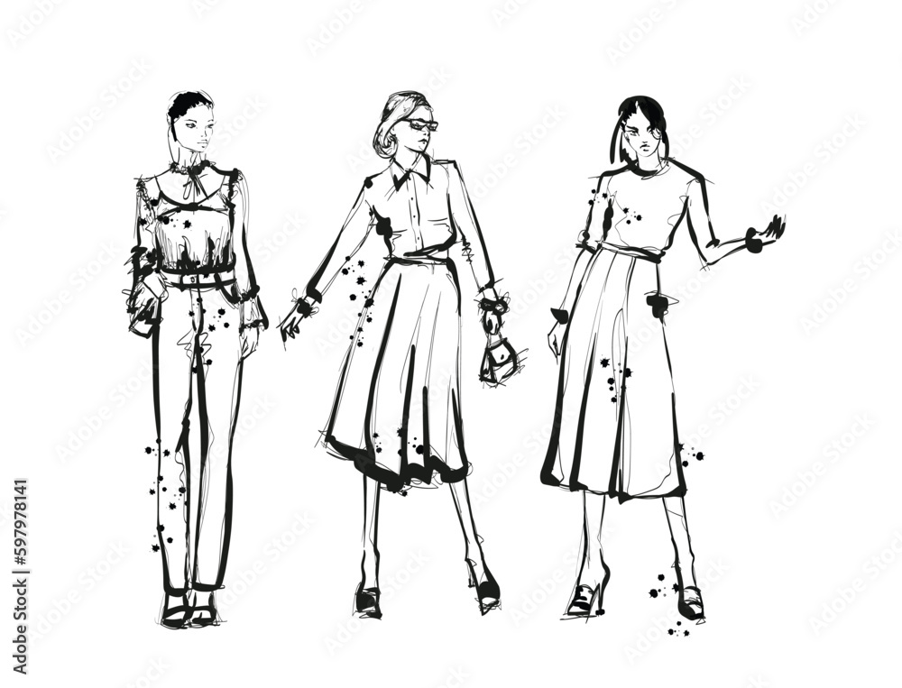 Set of Stylish fashion models. Pretty young girls. Fashion woman Sketch Set of Stylish fashion models. Pretty young girls. Fashion woman Sketch