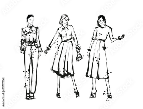Set of Stylish fashion models. Pretty young girls. Fashion woman Sketch