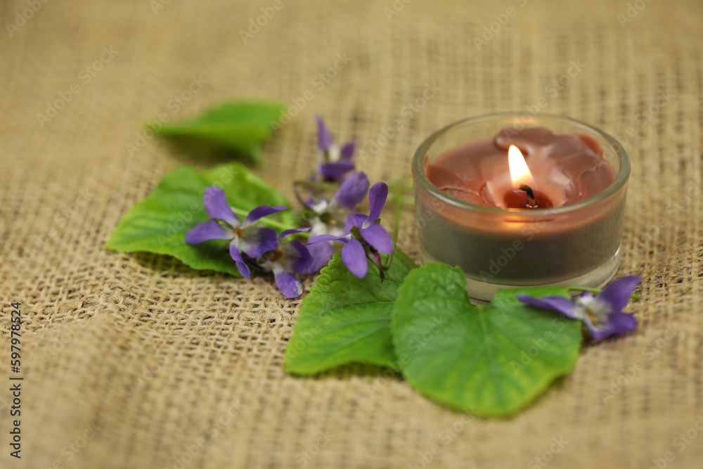 Viola flowers on the sackcloth with candle and copy space Viola flowers on the sackcloth with candle and copy space