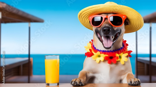 Adorable dog with mexican hat and sunglasses at the beach. Cinco De Mayo. © May Thawtar