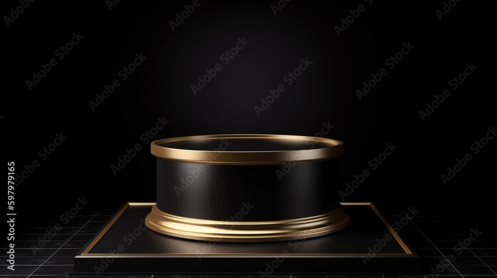 Black product podium with gold elements on a black background, Generative AI