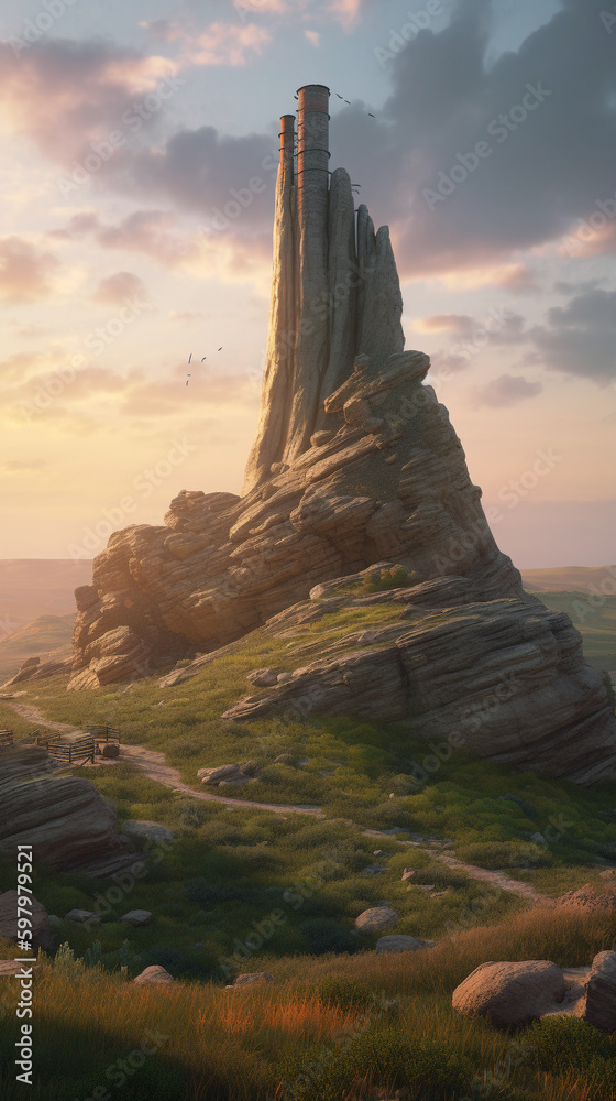 Chimney Rock in Nebraska America, detailed painting of a giant chimney on a rock