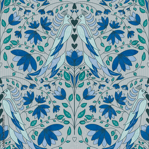 seamless repeat floral and peacocks pattern print background 