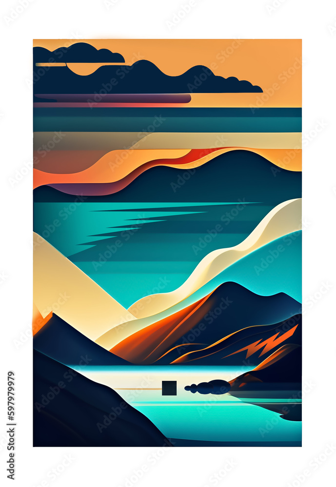 Minimalist landscape, flat style vintage poster with river in the valley and the mountains, National park illustration. Generative AI