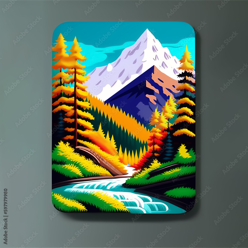 Φωτογραφία Minimalist landscape, flat style vintage poster with river in the valley and the mountains, National park illustration